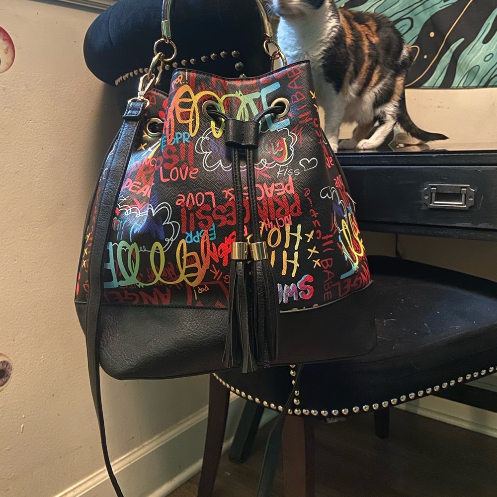 Graffiti Print Black Bucket Bag